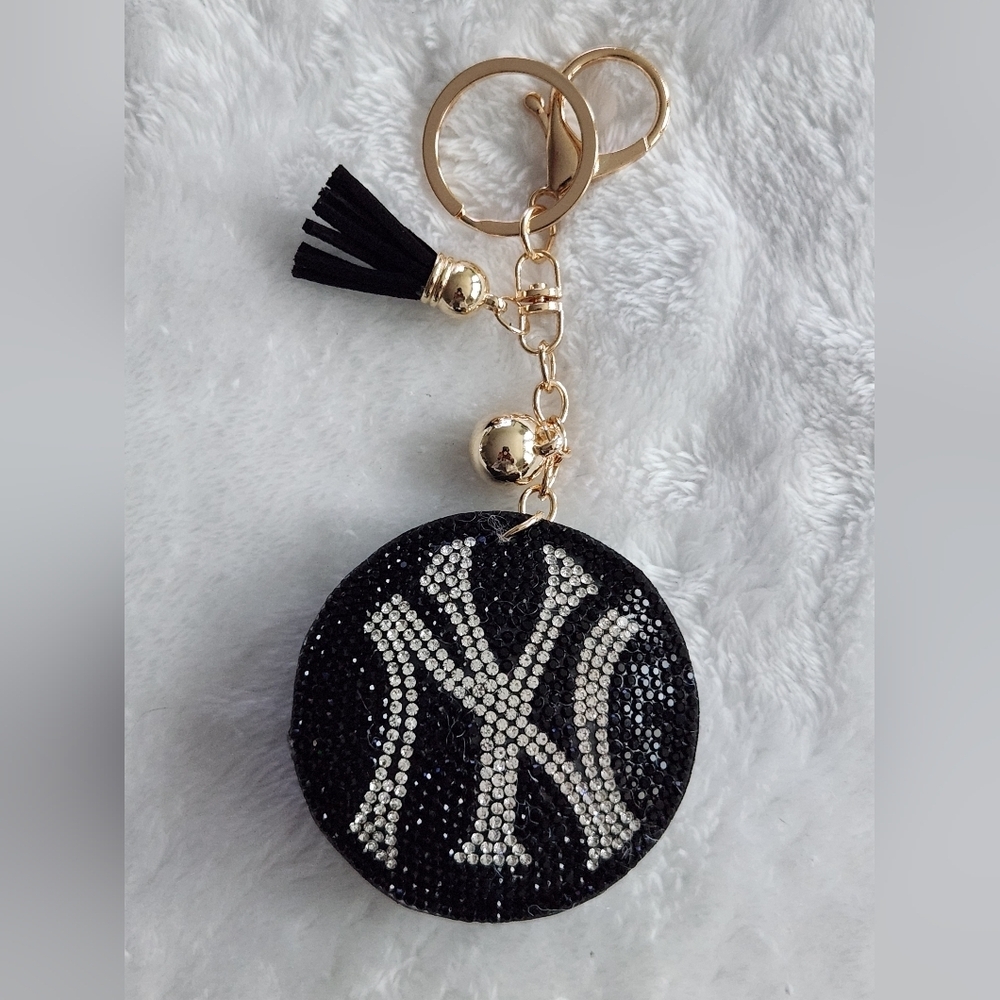 NY Yankees Black and Silver Rhinestone Keychain with Tassel Bag Charm